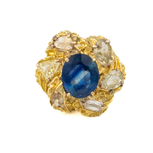 Rose Cut Diamond and Oval Cut Sapphire Flower Ring