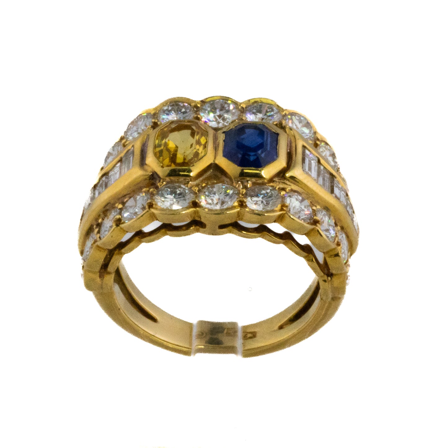 Yellow and Blue Sapphire Diamond Three Row Ring