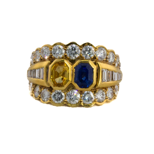 Yellow and Blue Sapphire Diamond Three Row Ring