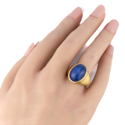 Gold Matte Cabochon Blue Sapphire Solitaire Ring