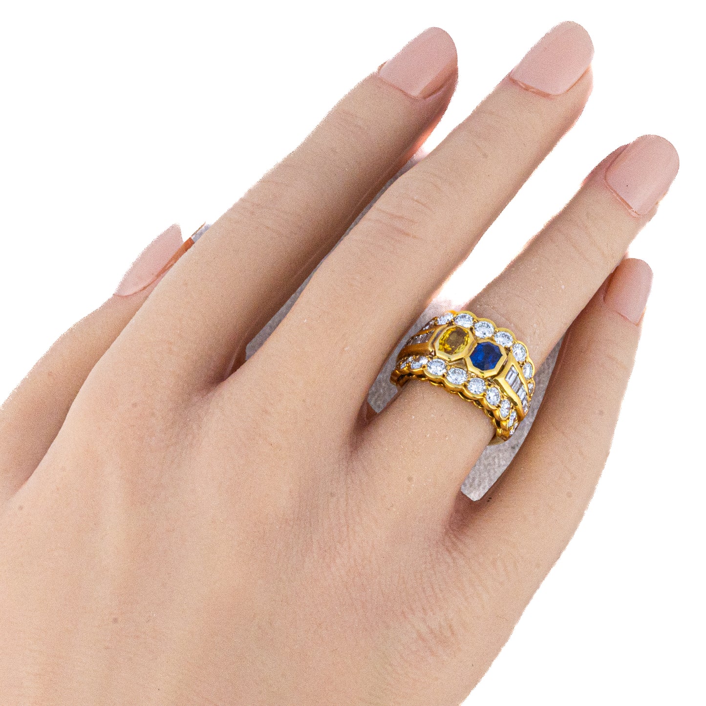 Yellow and Blue Sapphire Diamond Three Row Ring