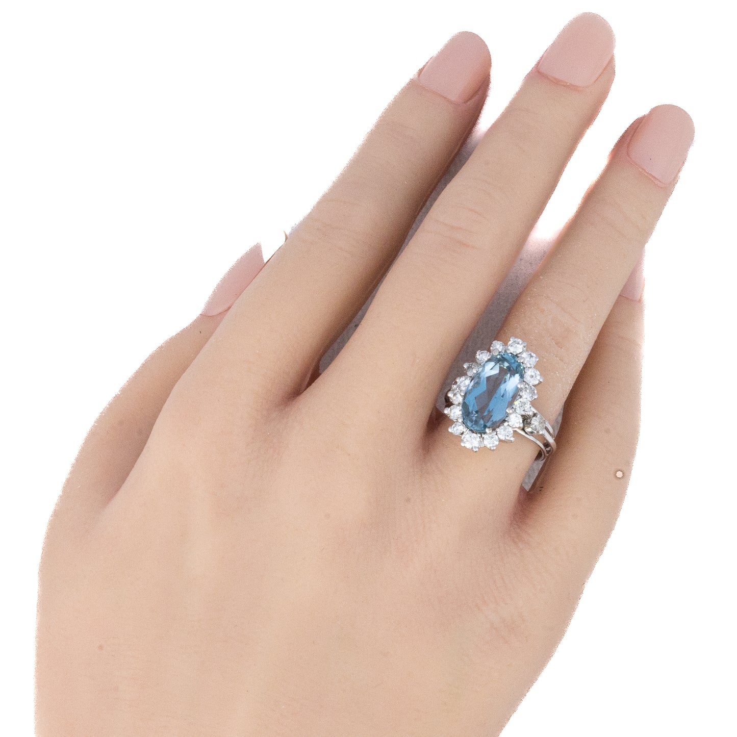 Oval Cut Aquamarine and Brilliant Cut Diamond Halo Ring