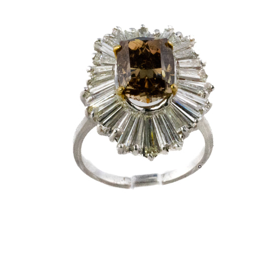 Cushion Cut Light Brown Diamond and Baguette Diamond Halo Ballerina Ring