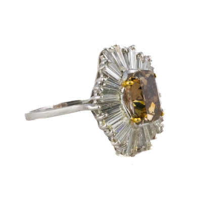 Cushion Cut Light Brown Diamond and Baguette Diamond Halo Ballerina Ring