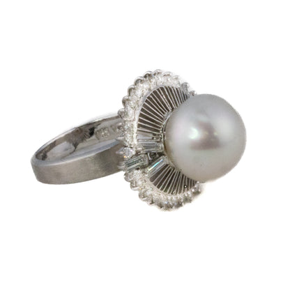 White Gold Pearl and Diamond Halo Ring