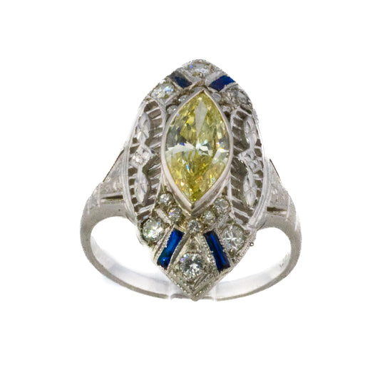 Art Deco-Style Marquise Yellow Diamond Filigree Ring