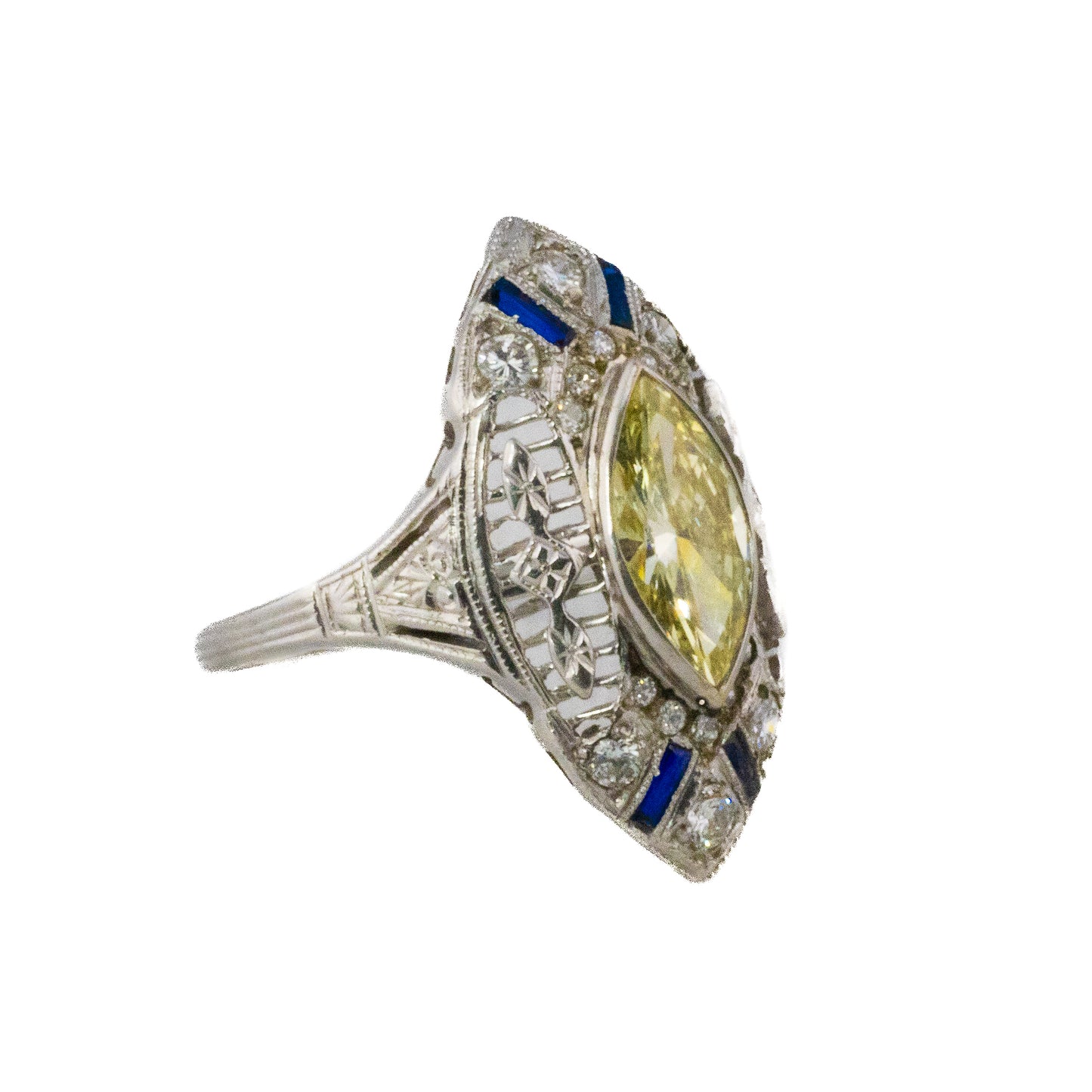 Art Deco-Style Marquise Yellow Diamond Filigree Ring