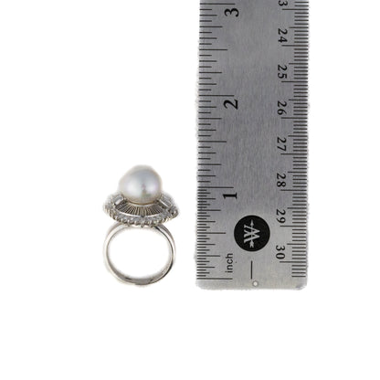 White Gold Pearl and Diamond Halo Ring