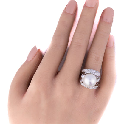 Diamond Swirl and Pearl Cocktail Ring
