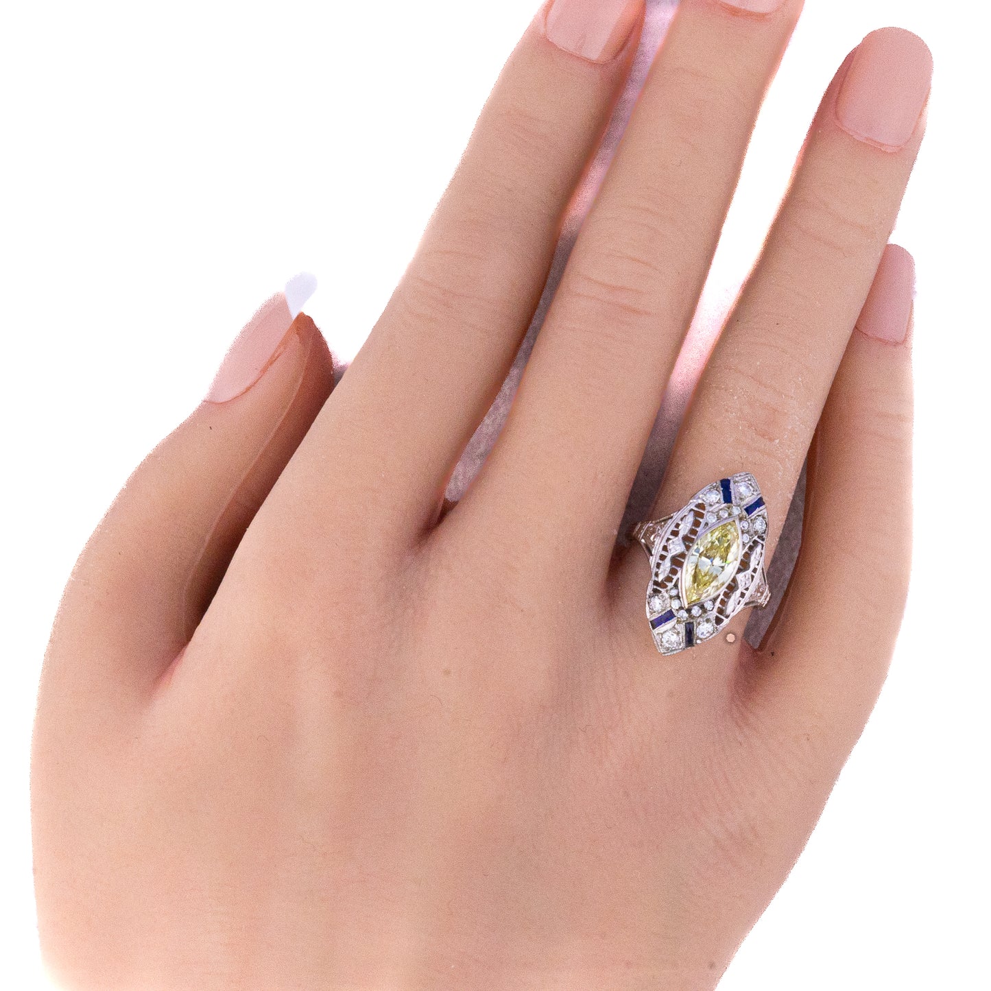 Art Deco-Style Marquise Yellow Diamond Filigree Ring
