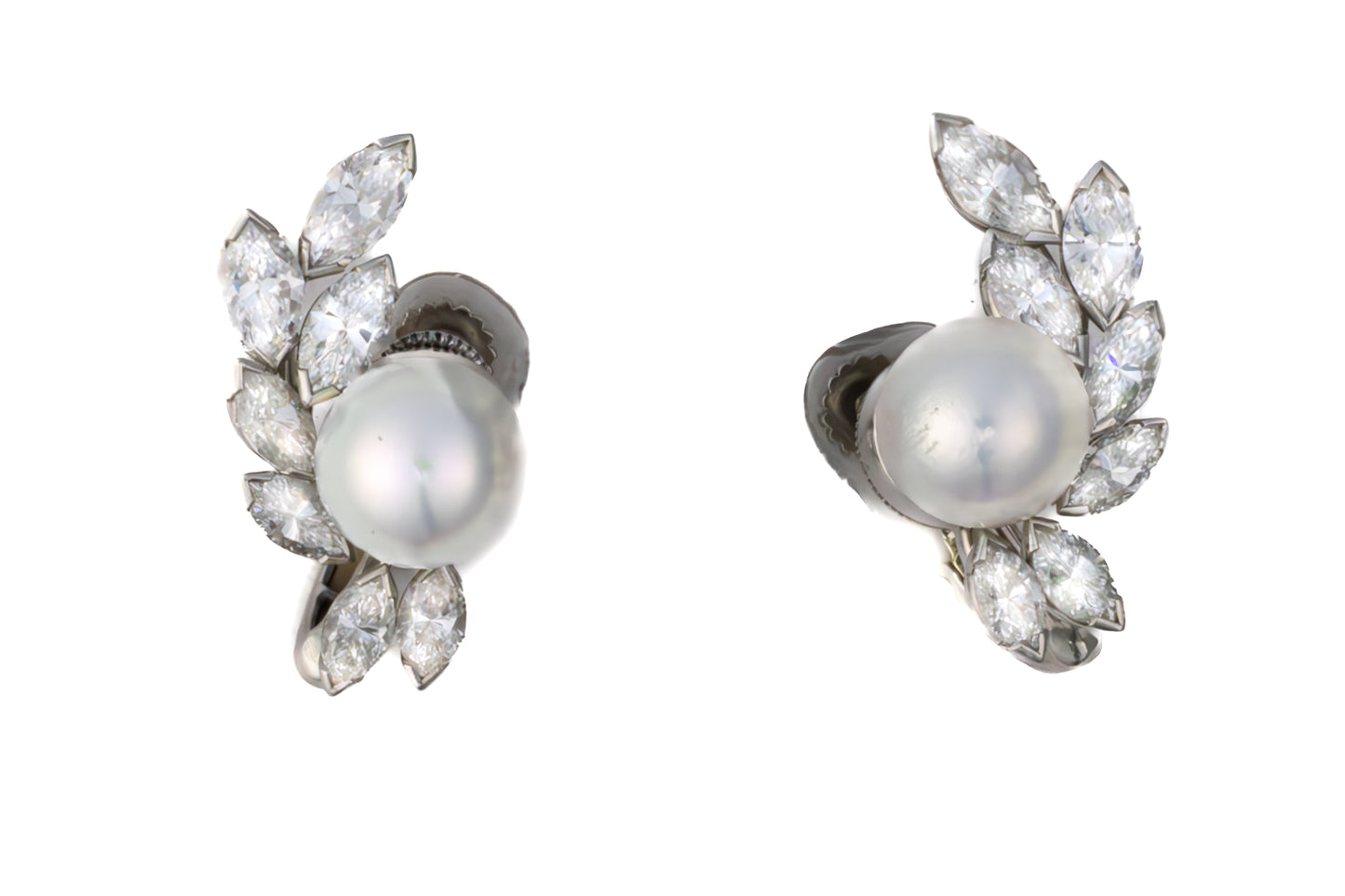 Oscar Heyman Bros Platinum Pearl & Marquise Diamond Earrings