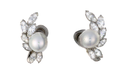 Oscar Heyman Bros Platinum Pearl & Marquise Diamond Earrings