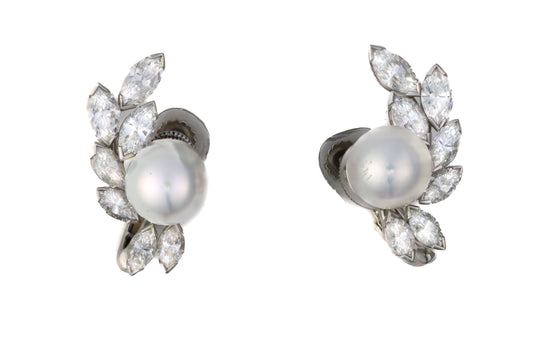 Oscar Heyman Bros Platinum Pearl & Marquise Diamond Earrings