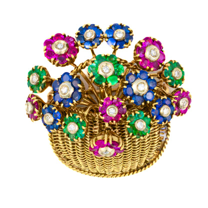 Tiffany & Co. 18K Yellow Gold Multi-Gemstone Flower Basket Brooch