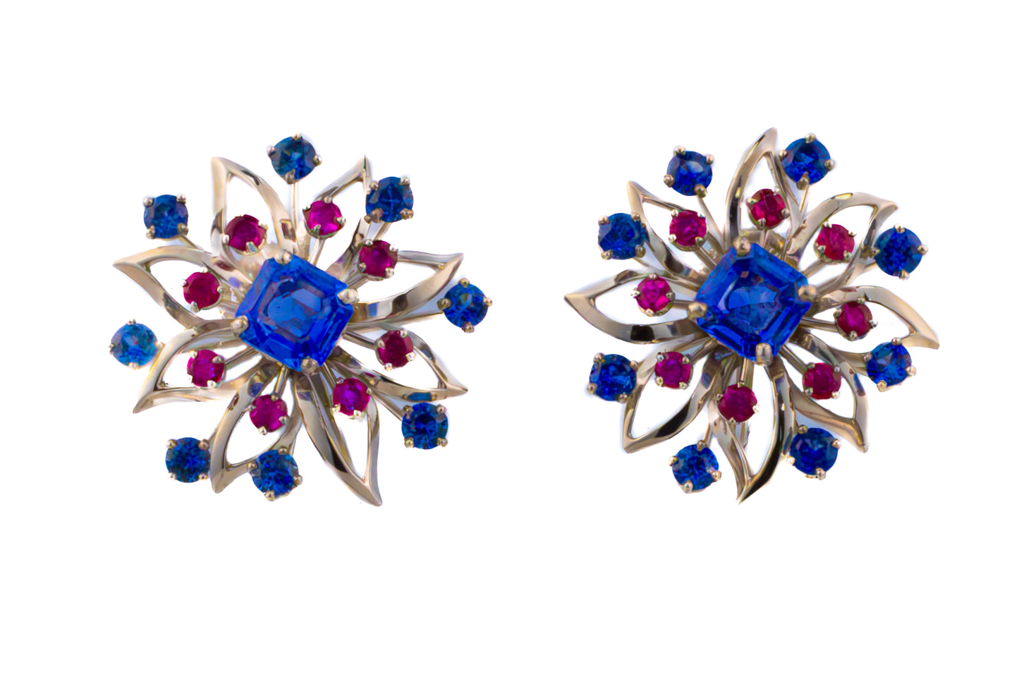 Cartier Platinum Sapphire & Ruby Floral Earrings