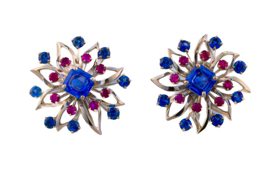 Cartier Platinum Sapphire & Ruby Floral Earrings