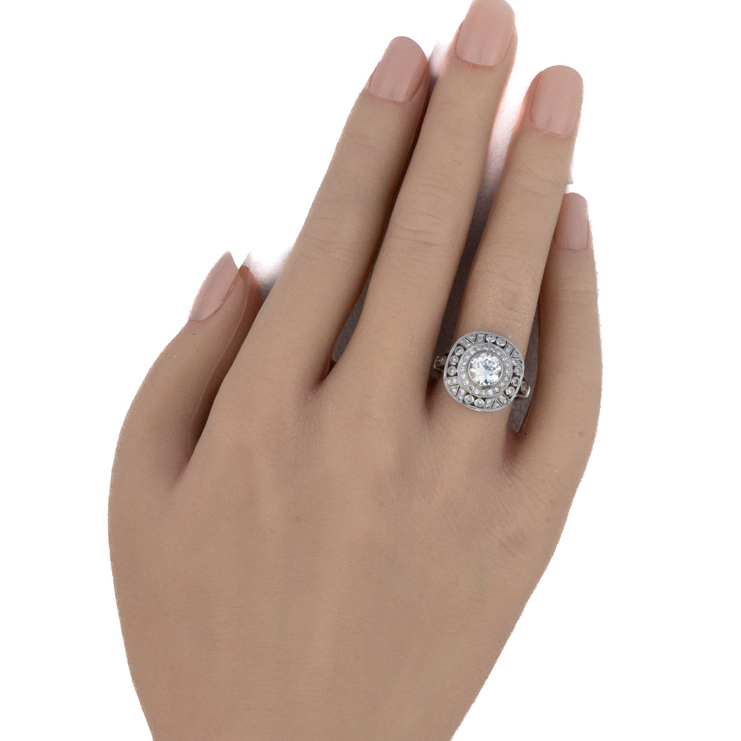 White Gold Art Deco Circular Diamond Halo Ring