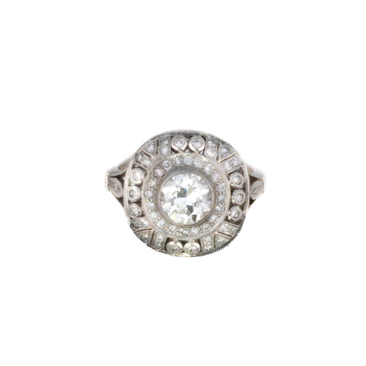 White Gold Art Deco Circular Diamond Halo Ring
