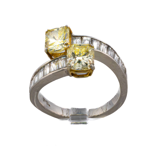 Platinum Two-Stone Yellow Diamond & Baguette Diamond Bypass Ring