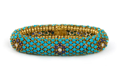 Yellow Gold Turquoise, Sapphire, and Diamond Lattice Bracelet