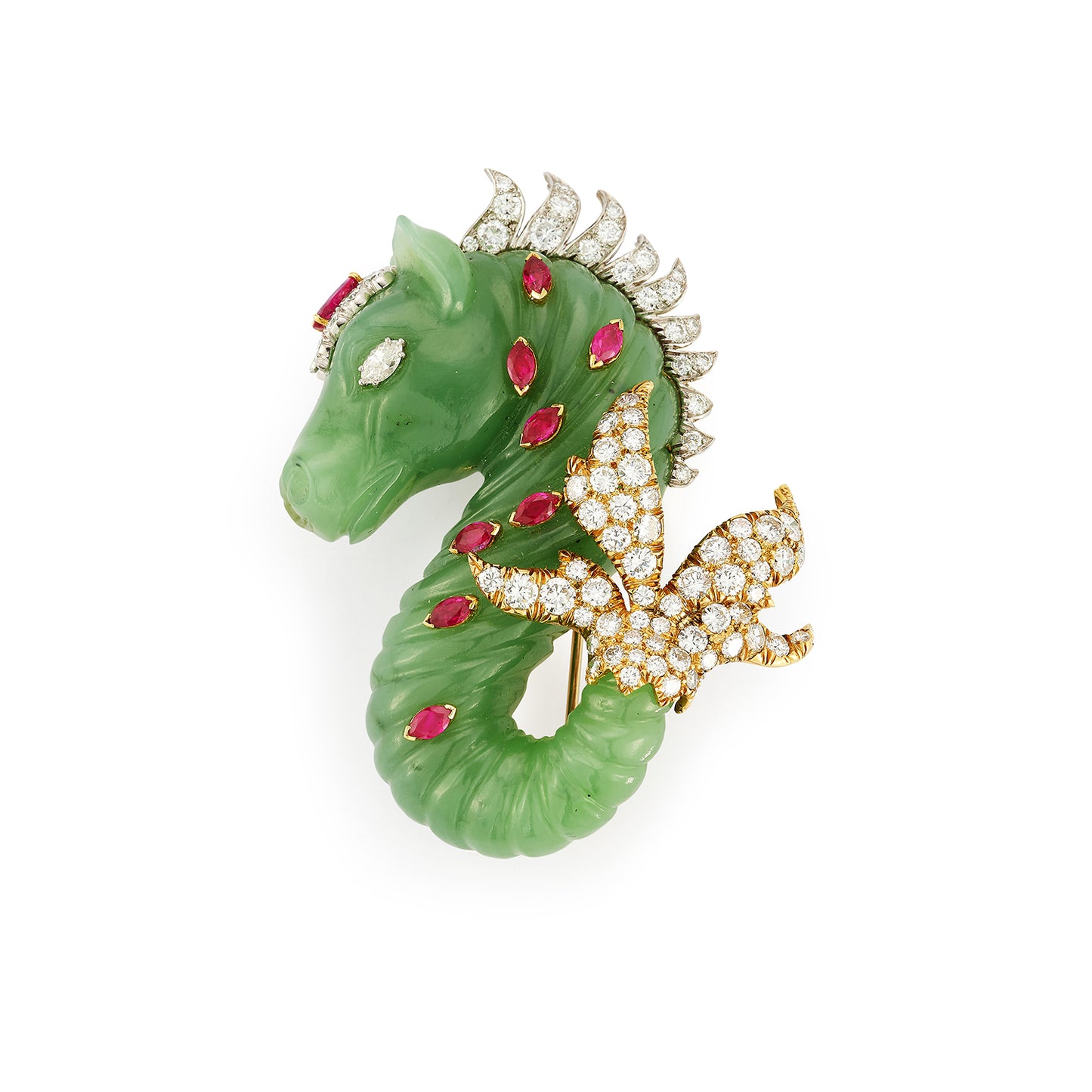 David Webb Carved Jade Diamond and Ruby Seahorse Brooch