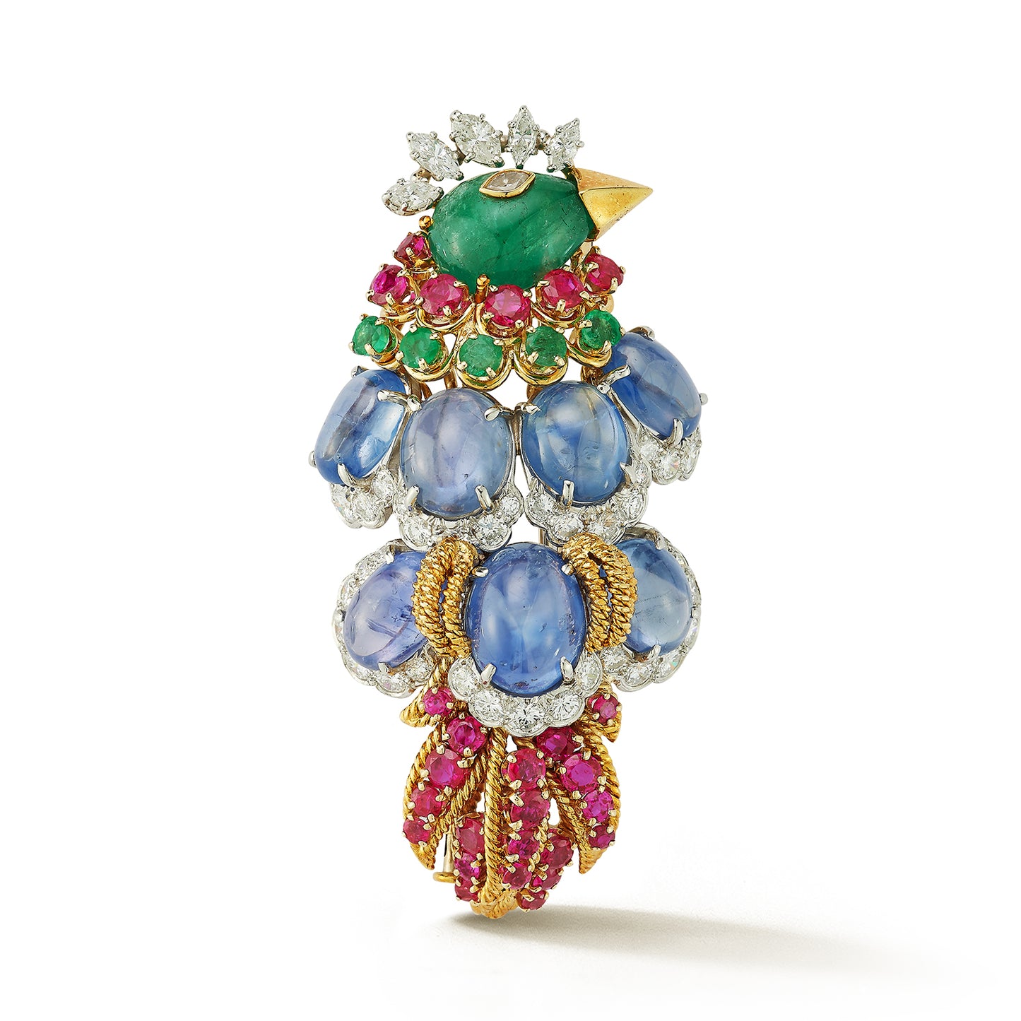 David Webb Peacock Emerald, Sapphire Ruby Diamond Brooch