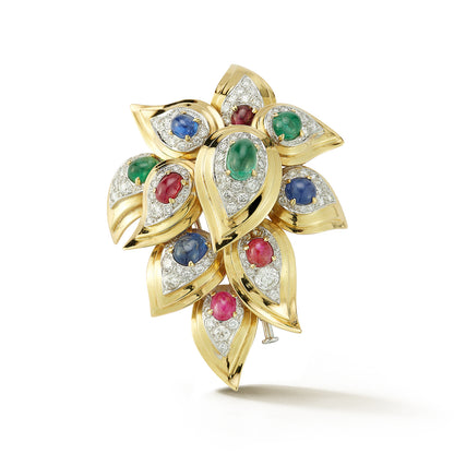 Bulgari Cabochon Ruby, Sapphire, and Emerald Earrings and Brooch Set