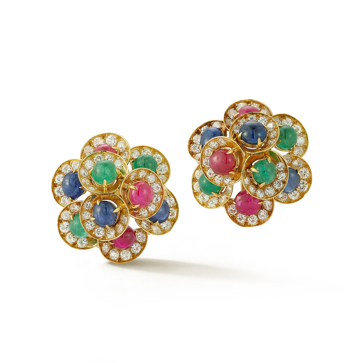 Bulgari Cabochon Ruby, Sapphire, and Emerald Earrings and Brooch Set