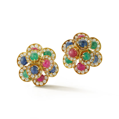 Bulgari Multi Gem Cabochon and Diamond Floral Earrings