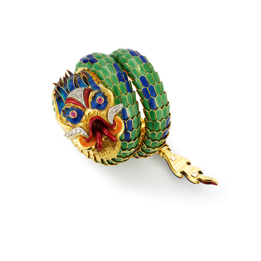 Paul Flato Gold, Multicolored Enamel, Ruby, and Diamond Dragon Bracelet