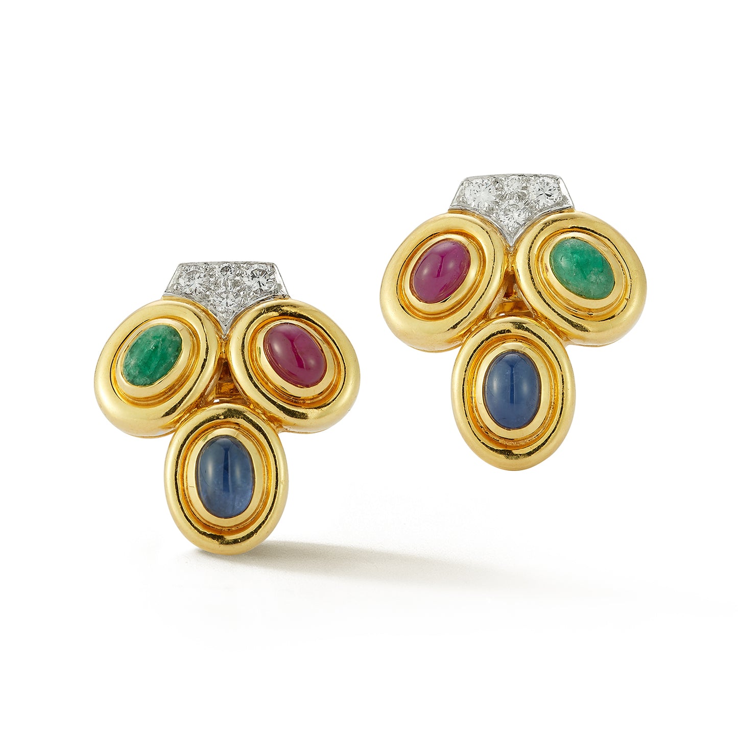 David Webb Three Stone Cabochon and Diamond Earrings