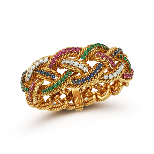 Boucheron Multigem and Diamond Braided Gold Bracelet