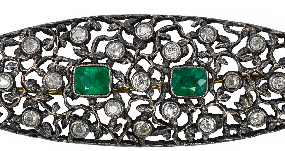 Antique Emerald and Diamond Openwork Foliate Brooch Pin in Silver-Topped Gold