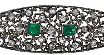 Antique Emerald and Diamond Openwork Foliate Brooch Pin in Silver-Topped Gold