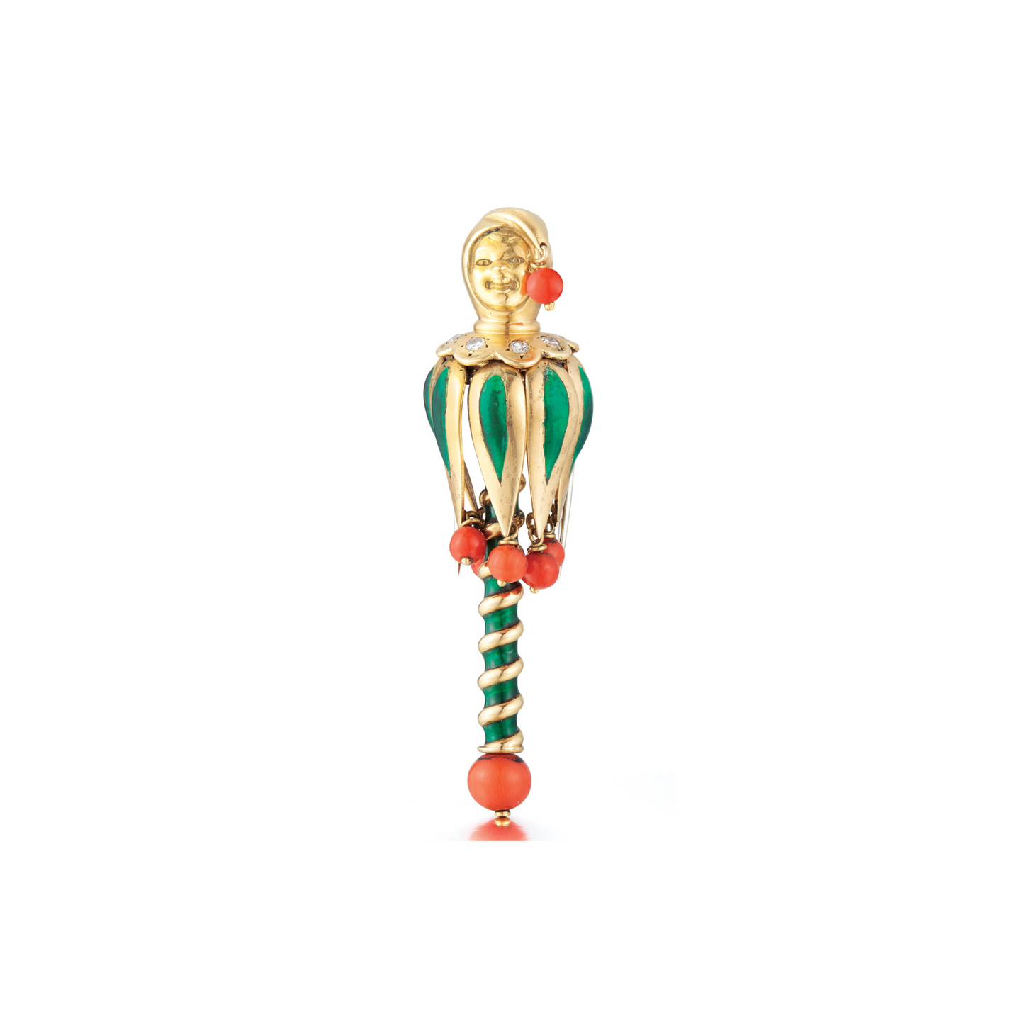 Van Cleef & Arpels Enamel Coral Diamond Gold Jester Brooch