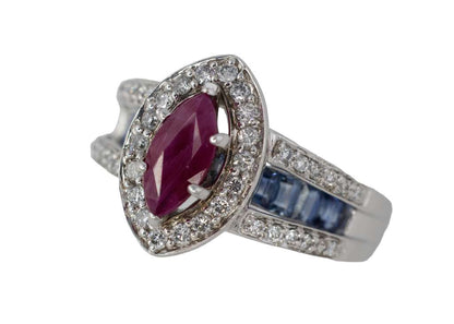 Marquise Ruby with Diamond Halo and Sapphire Channel-Set Band