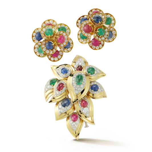 Bulgari Cabochon Ruby, Sapphire, and Emerald Earrings and Brooch Set